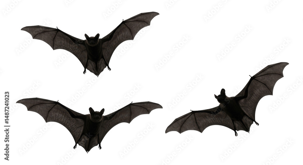 Fototapeta premium Three Black Flying Bats, Isolated on Transparent Background