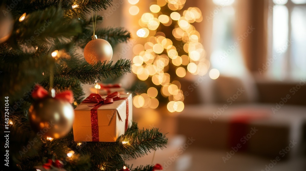 Blurred background on chrismas tree with gift boxes in living room, backdrop Blurred background on chrismas tree with gift boxes in living room, backdrop