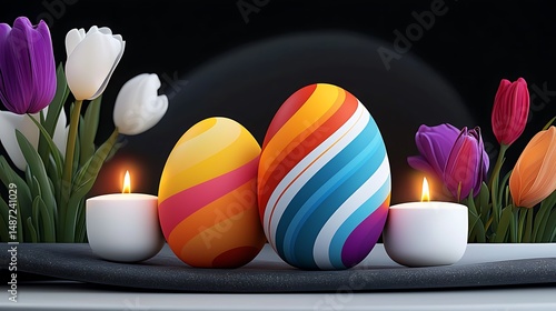 brightly colored easter eggs with candles and tulips in front of a black background