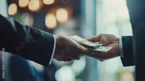 Closeup hands banker giving cash money to businessman, loan and credit financial lease concept