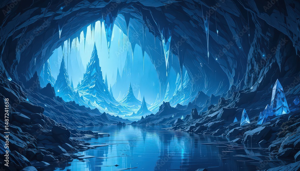 A crystal cave with stalactites hanging from the ceiling and water reflecting the blue light inside A crystal cave with stalactites hanging from the ceiling and water reflecting the blue light inside
