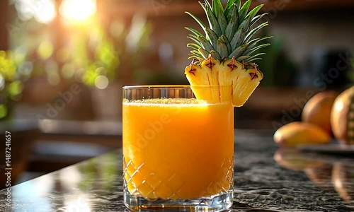 Refreshing tropical cocktail garnished with pineapple, set on a kitchen countertop during sunset