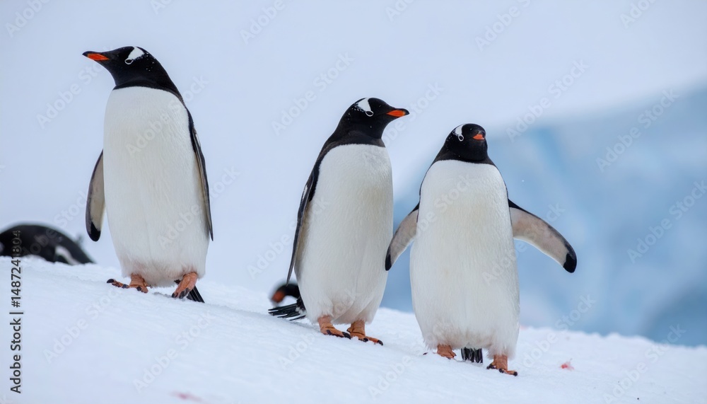Fototapeta premium Gentoo Penguins in Antarctica Standing on Snowscape with Blue Iceberg Background