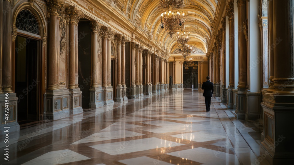 Fototapeta premium Person in Suit Walking Through a Grand Ornate Hallway