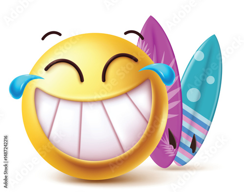 Summer vector emoji with colorful surfboard isolated in white background, Vector illustration.