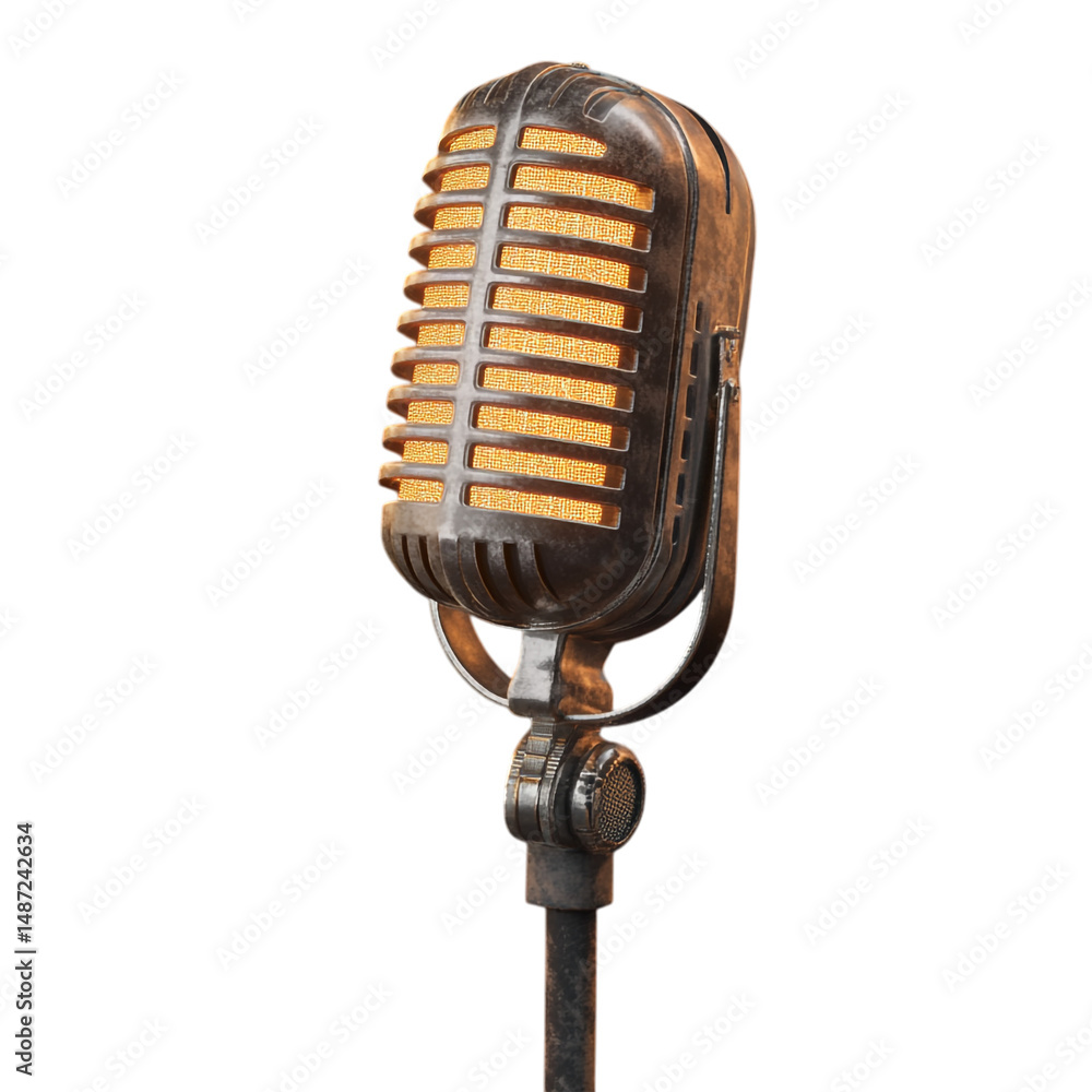 Fototapeta premium A vintage microphone with chrome detailing and dramatic lighting, transparent PNG