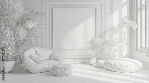 A pristine white-toned picture with detailed features and ample room for text.