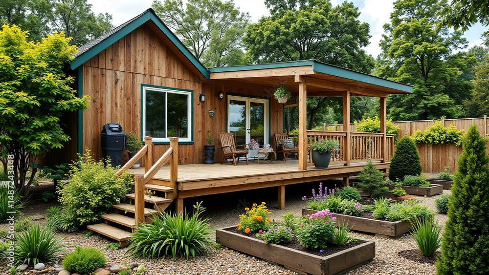 Fototapeta premium Charming Wooden Cottage Surrounded by Lush Greenery and Flowers