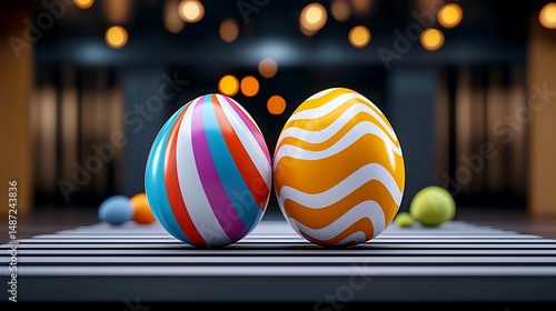 there are two colorful easter eggs sitting on a table with lights in the background