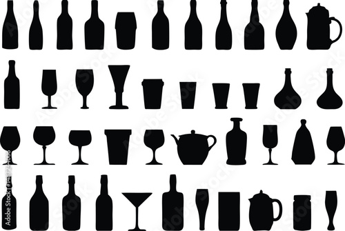 A collection of various black silhouette shapes of bottles and glasses on white