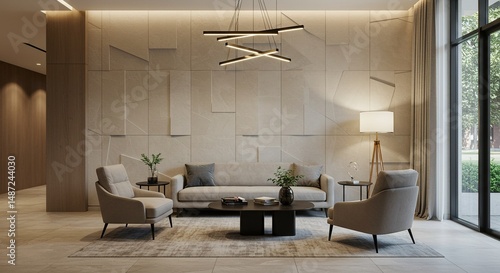 A Harmonious Interior: Modern Living Space with Artistic Wall and Ambient Lighting