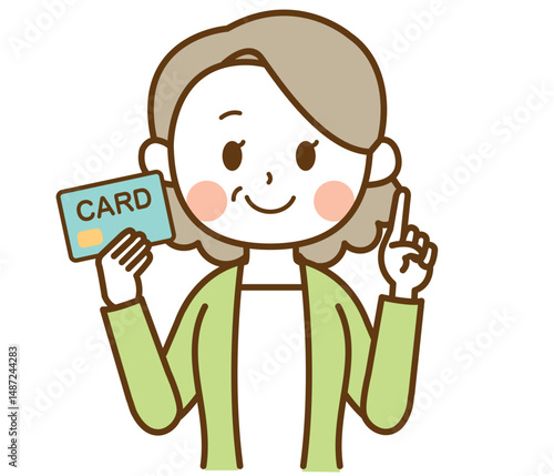 カードを持っているおばさん、おばあさん、高齢女性のイラスト