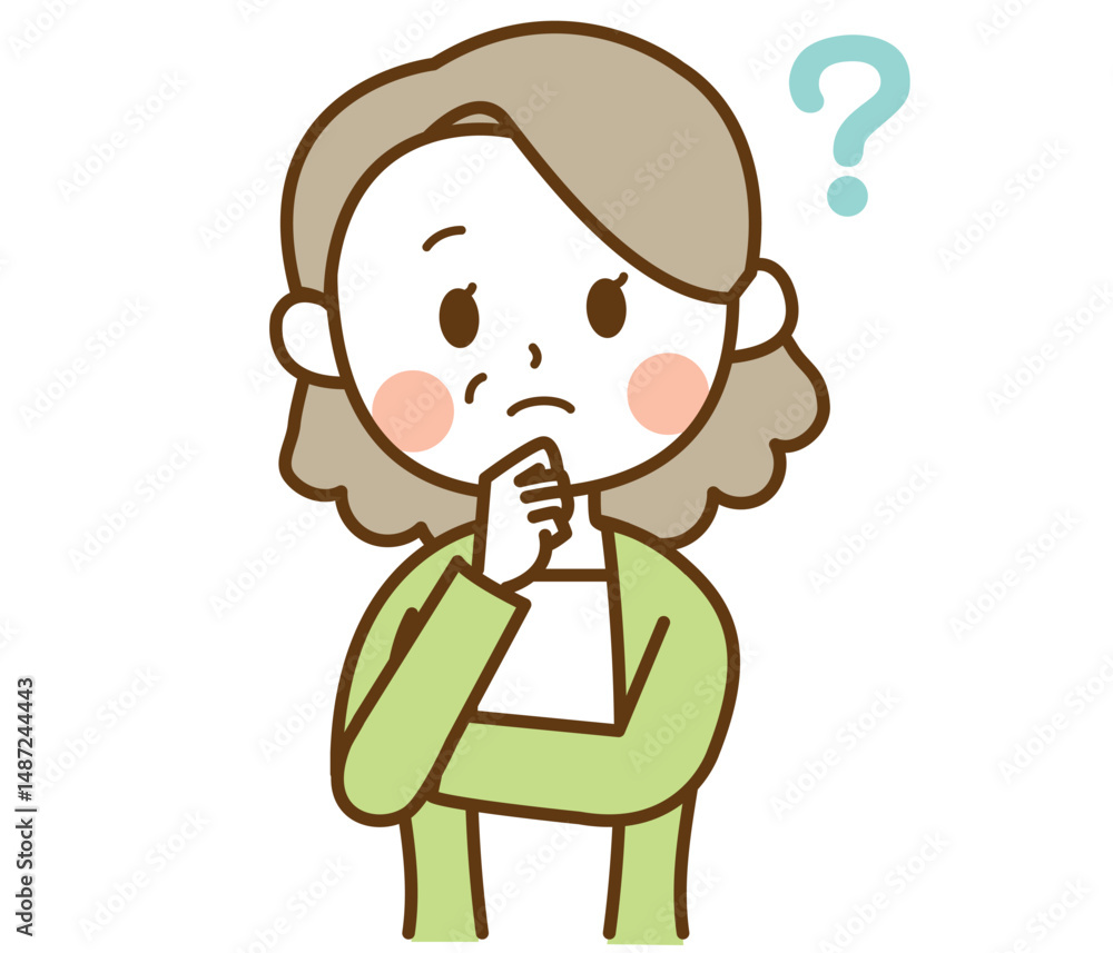 頭上にはてなを浮かべるおばさん、おばあさん、高齢女性のイラスト 頭上にはてなを浮かべるおばさん、おばあさん、高齢女性のイラスト