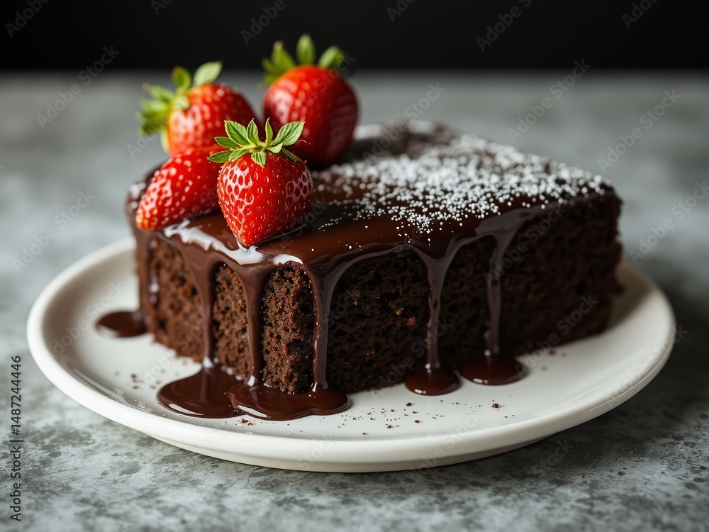 Delicious Vegan Chocolate Strawberry Cake, Melting Chocolate Topping Delicious Vegan Chocolate Strawberry Cake, Melting Chocolate Topping