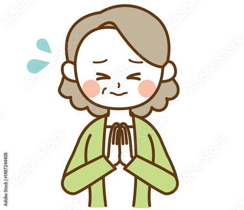 必死に謝っている、お願いしているおばさん、おばあさん、高齢女性のイラスト