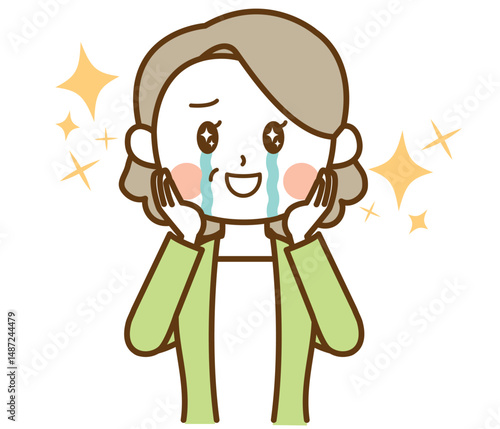 感激して嬉し泣きするおばさん、おばあさん、高齢女性のイラスト