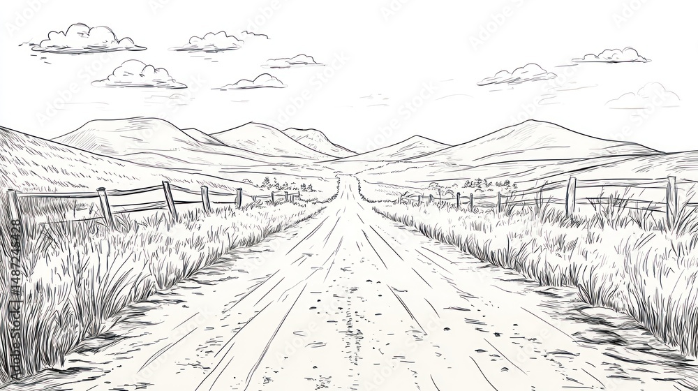 Fototapeta premium Country Road Through Hills - Sketch - Outdoor Scene - Nature Illustration - Background for Travel Posters