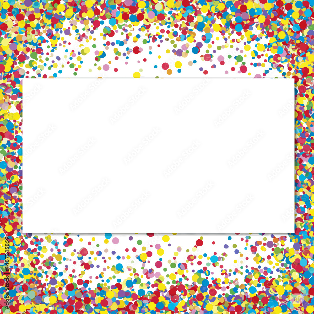 Blank white rectangle surrounded by a colorful confetti border on a white background design element