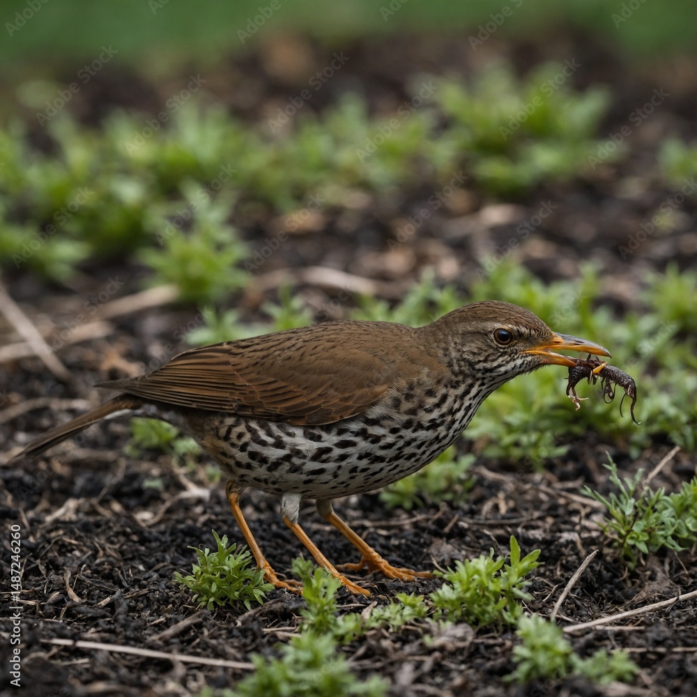 A thrush with worm, white focus A thrush with worm, white focus