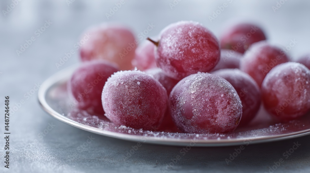 Frosted Red Grapes on a Silver Plate Glimmering with Ice Crystals and Natural Freshness Frosted Red Grapes on a Silver Plate Glimmering with Ice Crystals and Natural Freshness