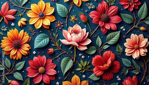 Intricate, vibrant floral pattern on fabric close-up, pattern, fabric texture