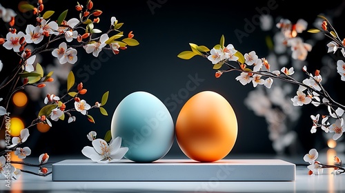 there are two eggs sitting on top of a table with flowers in the background