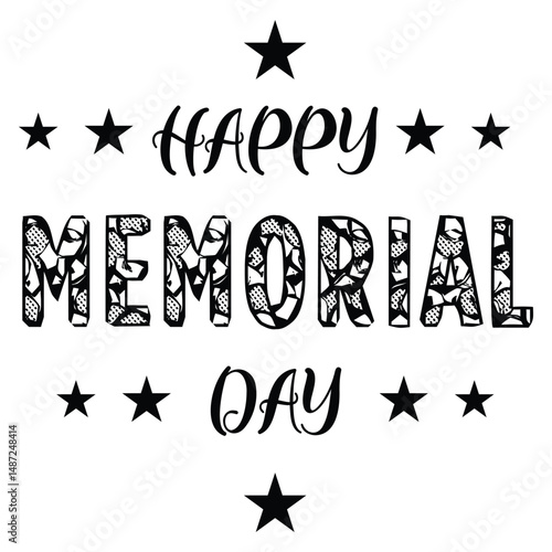 Happy Memorial Day text with star icons and artistic sketch font in monochrome theme