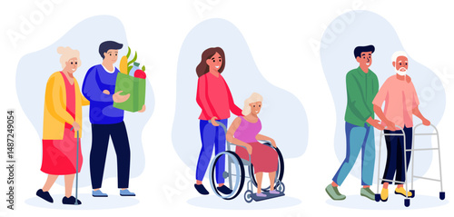 elderly person assistance cartoon illustration support senior people social work volunteering concept