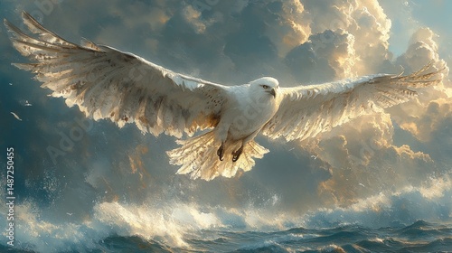 Majestic white bird soaring above turbulent sea