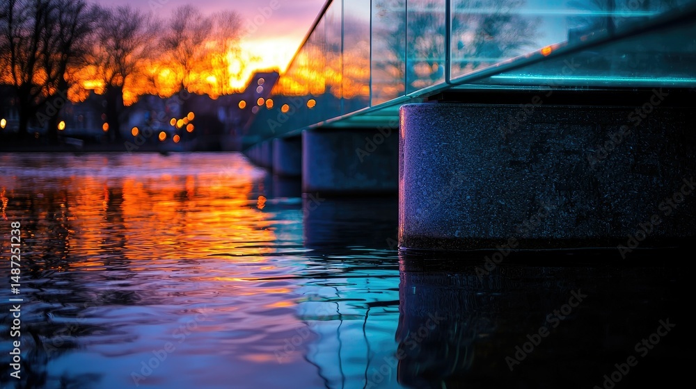 Fototapeta premium Colorful sunset reflects on water beneath a modern bridge structure