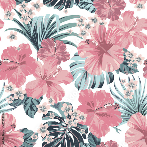 seamless pattern Exotic hawaiian tropical hibiscus flowers and palm on black background  artwork for fabrics, souvenirs, packaging, greeting cards and scrapbooking