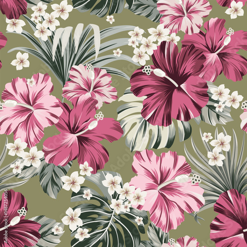 seamless pattern Exotic hawaiian tropical hibiscus flowers and palm on black background  artwork for fabrics, souvenirs, packaging, greeting cards and scrapbooking