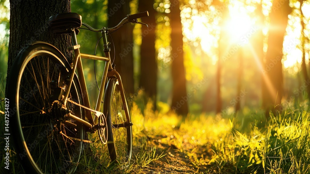 Naklejka premium A Bicycle Leaning Against a Tree in a Bright Forest