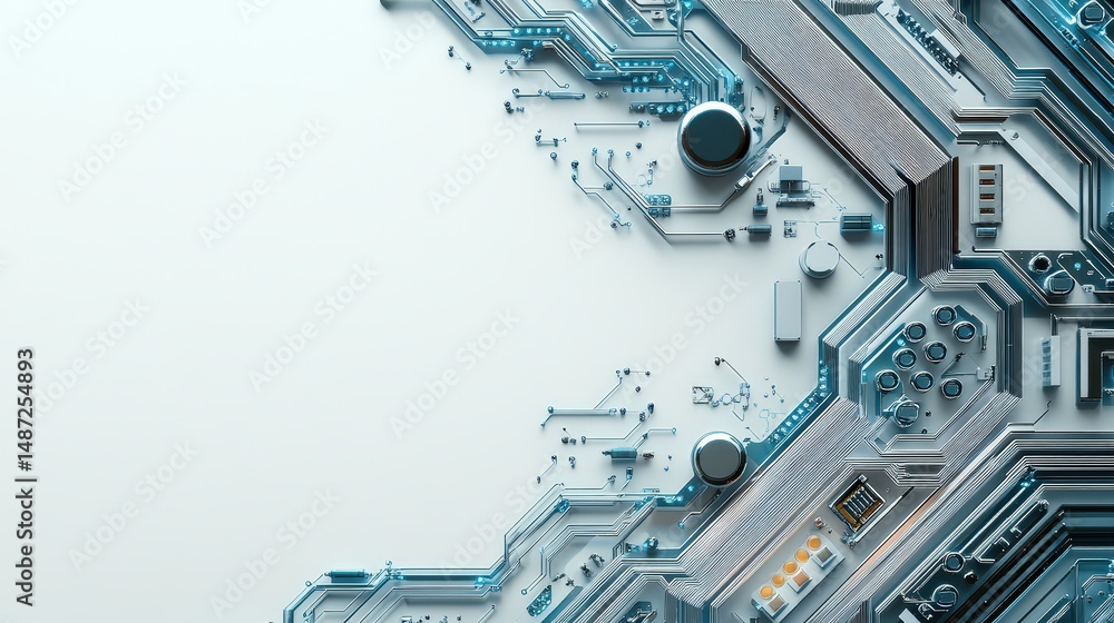 Fototapeta premium Detailed rendering of a futuristic circuit board design in shades of silver and blue