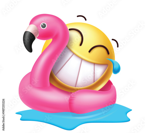 Summer emoji clipart character with floatie isolated in white background, Vector illustration. 