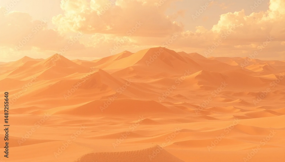 Fototapeta premium Golden Hour Desert Dunes: Arid Landscape and Ethereal Sky