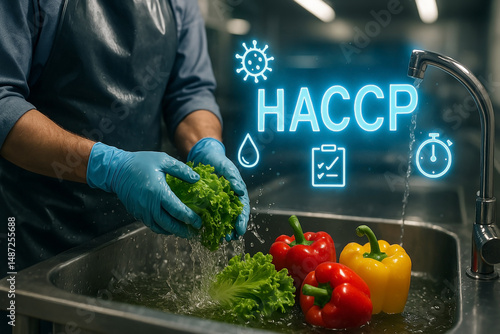 Washing lettuce and bell peppers under food safety HACCP standards with gloves in industrial sink to ensure hygiene and contamination prevention control