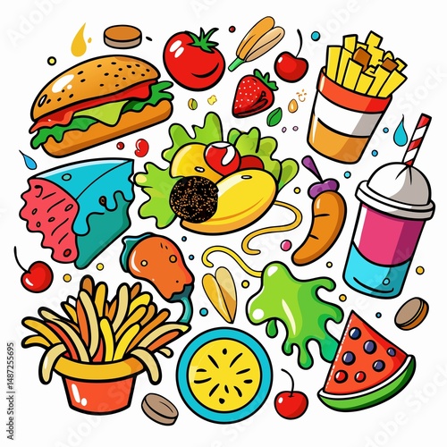 Colorful food illustration featuring various snacks and drinks.  A vibrant collection of fast food, fruits, and desserts