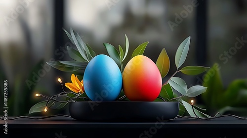 brightly colored easter eggs sit in a black bowl on a window sill