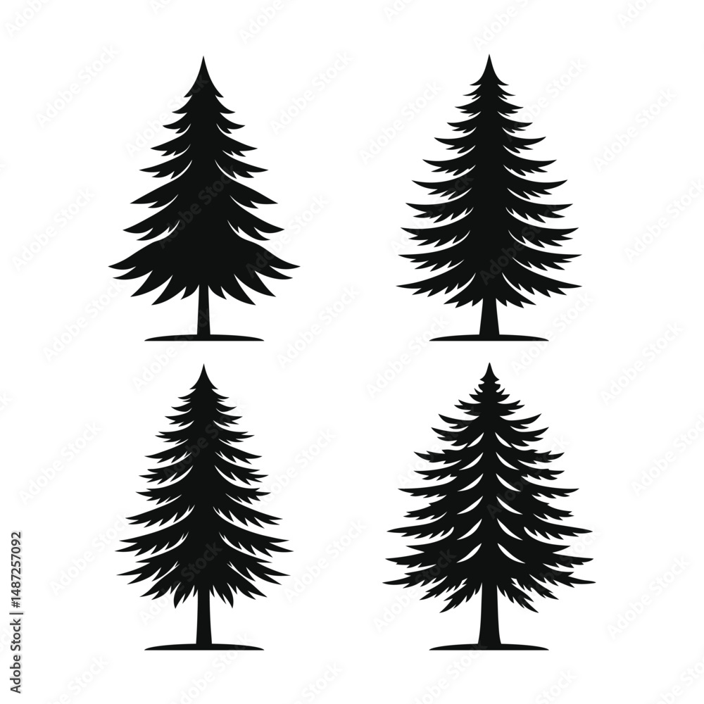 Obraz premium A black and white set of pine and fir trees, perfect for a Christmas or holiday season illustration