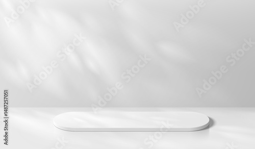 White round podium background in 3D room with nature lighting. Abstract geometric composition in minimalist design. Studio display showroom stand product pedestal, Fashion stage showcase mockup scene.