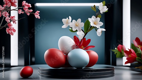 there is a vase filled with red, white and blue eggs on a table