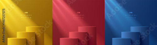 Set of 3D red, blue and yellow podium background. Abstract composition in minimalist design. 3D studio room display showroom product pedestal, Fashion stage showcase mockup scene. Empty space.