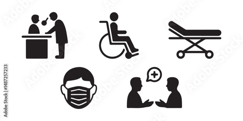 Patient Care Icon Set Vector Black Silhouettes of Check Up Wheelchair Stretcher Medical Mask and Consultation