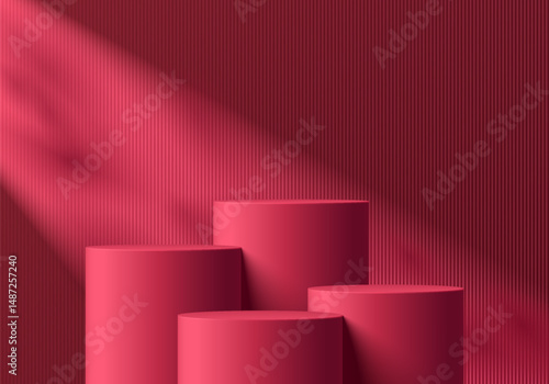 3D background with set of realistic red pink cylinder product podium and natural leaf light scene. Abstract composition in minimal design. Platforms mockup product display presentation. Stage showcase