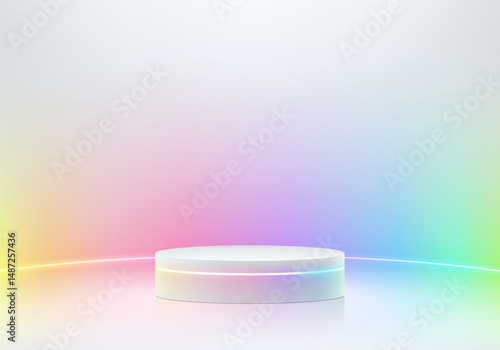 3D white podium with neon rainbow lighting curve lines background. Abstract composition minimalist design. Studio display showroom LGBTQ+ product pedestal, Pride fashion stage showcase mockup scene.