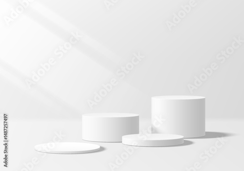 3D white round podium set background with light and shadow. Abstract geometric composition in minimalist design. 3D studio display showroom product pedestal, Fashion stage showcase mockup scene.