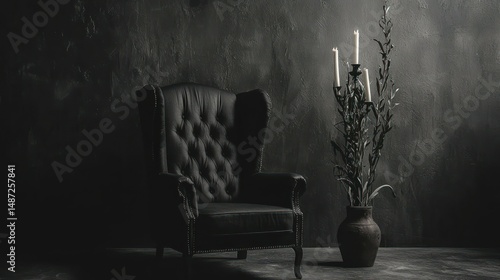 A dark luxurious leather armchair near lit candles and foliage