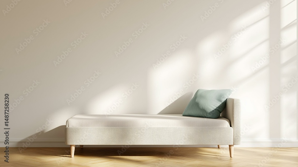 Modern living room with a white sofa in the center. the sofa has a light blue cushion on it and is placed against a plain white wall. the floor is made of light-colored wood planks. Modern living room with a white sofa in the center. the sofa has a light blue cushion on it and is placed against a plain white wall. the floor is made of light-colored wood planks.