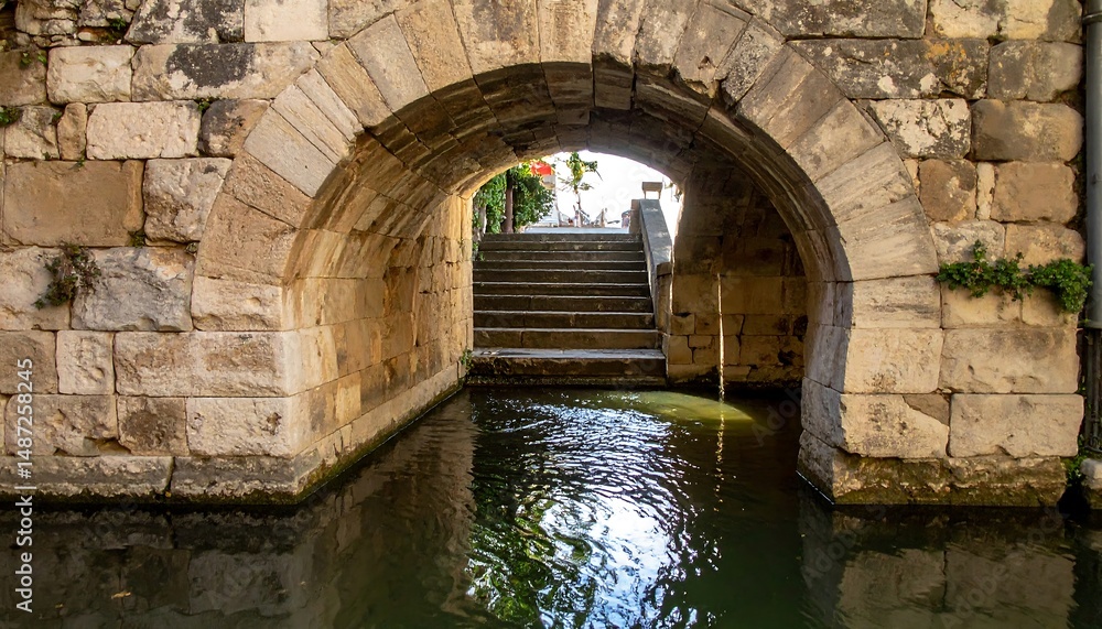 Fototapeta premium Ancient Stone Arch Bridge Over Canal Steps